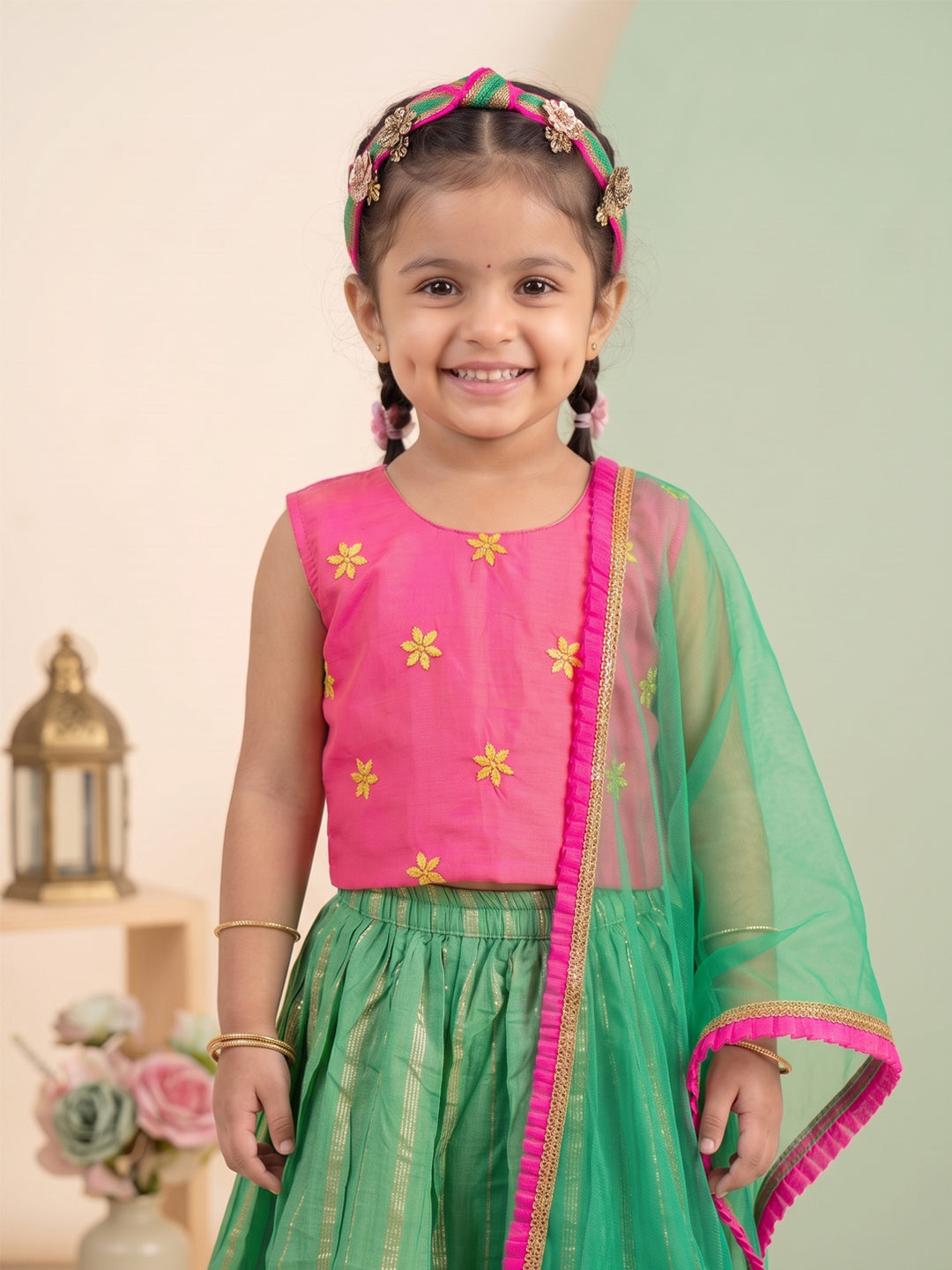 Kinder Kids Green Lehenga with Pink Embroidered Top and Dupatta