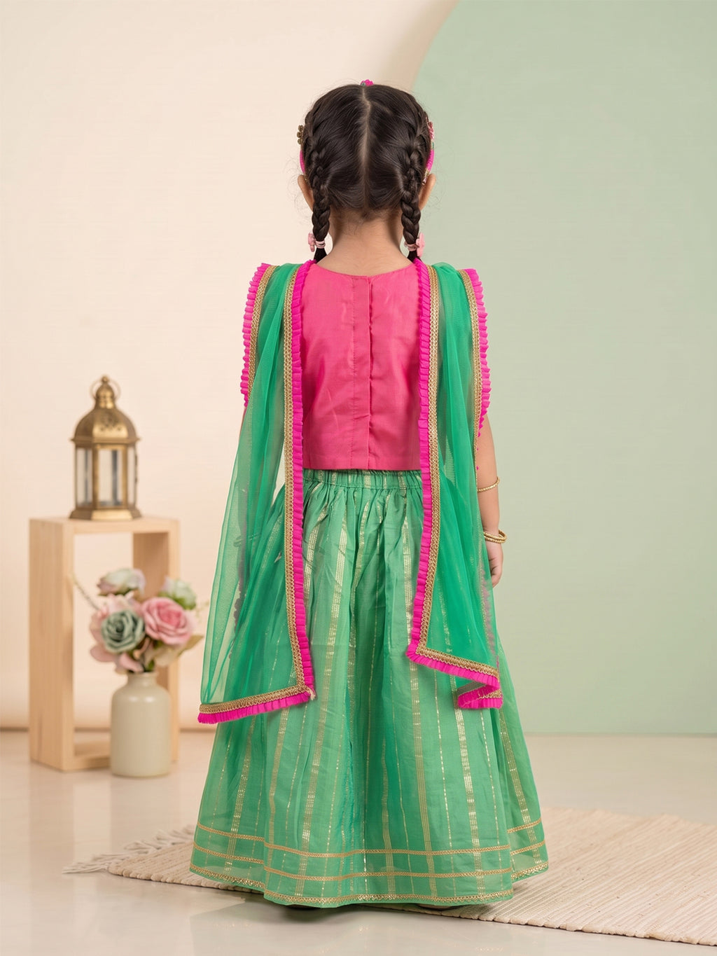Kinder Kids Green Lehenga with Pink Embroidered Top and Dupatta
