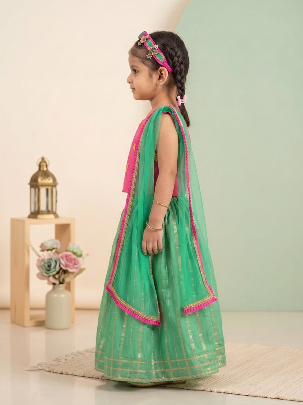 Kinder Kids Green Lehenga with Pink Embroidered Top and Dupatta
