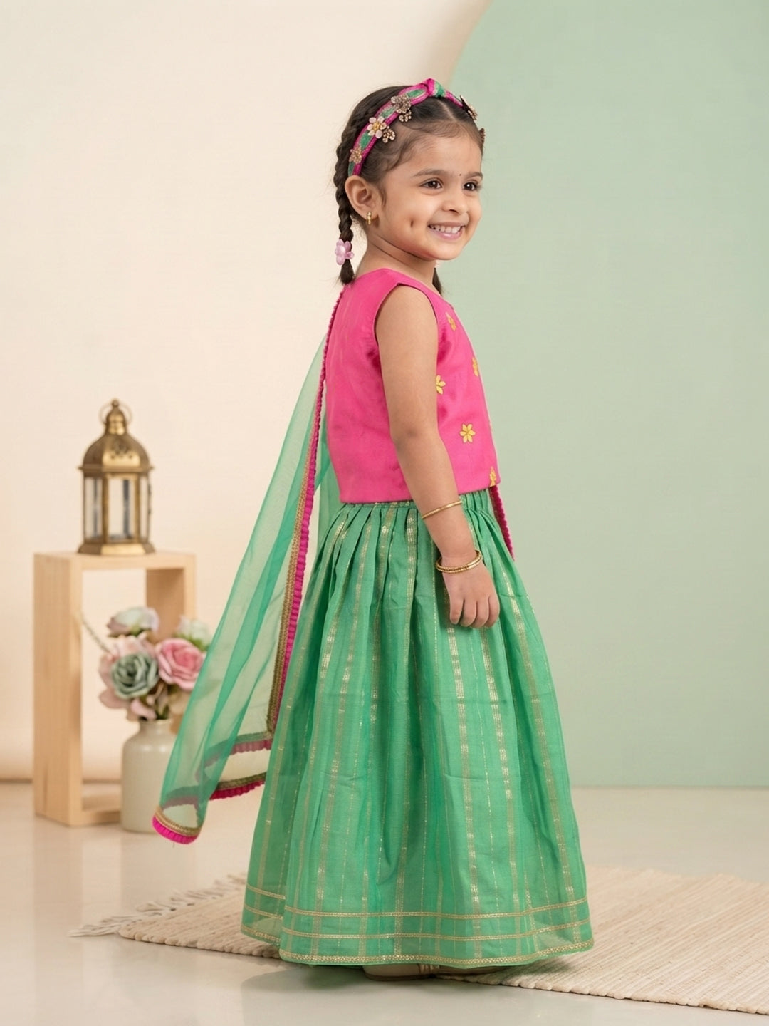Kinder Kids Green Lehenga with Pink Embroidered Top and Dupatta