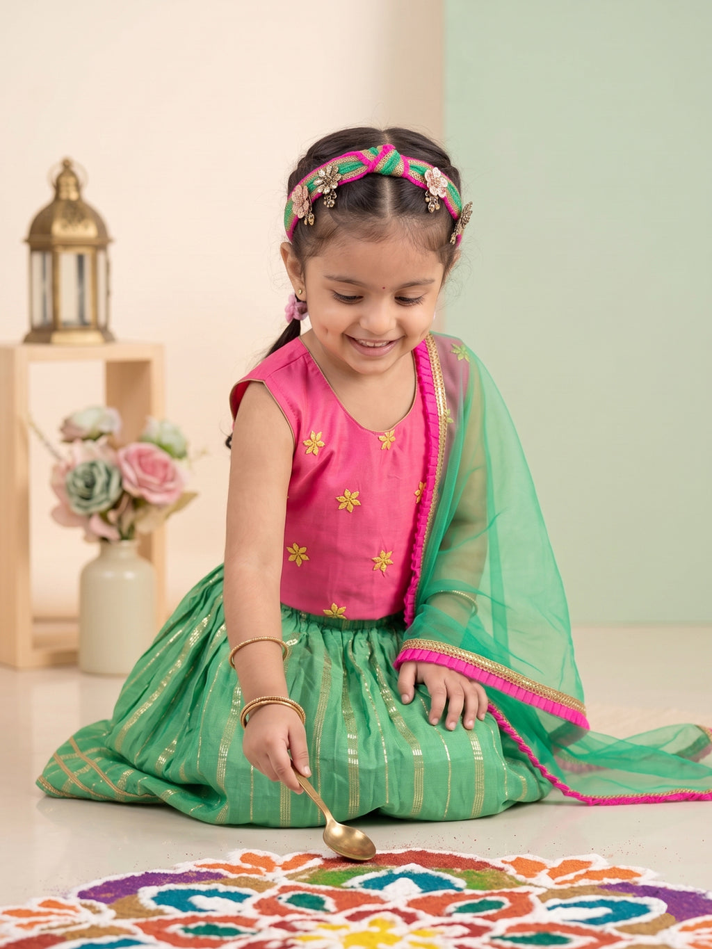Kinder Kids Green Lehenga with Pink Embroidered Top and Dupatta