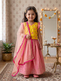 Kinder Kids Pink Lehenga with Yellow Embroidered Top and Dupatta