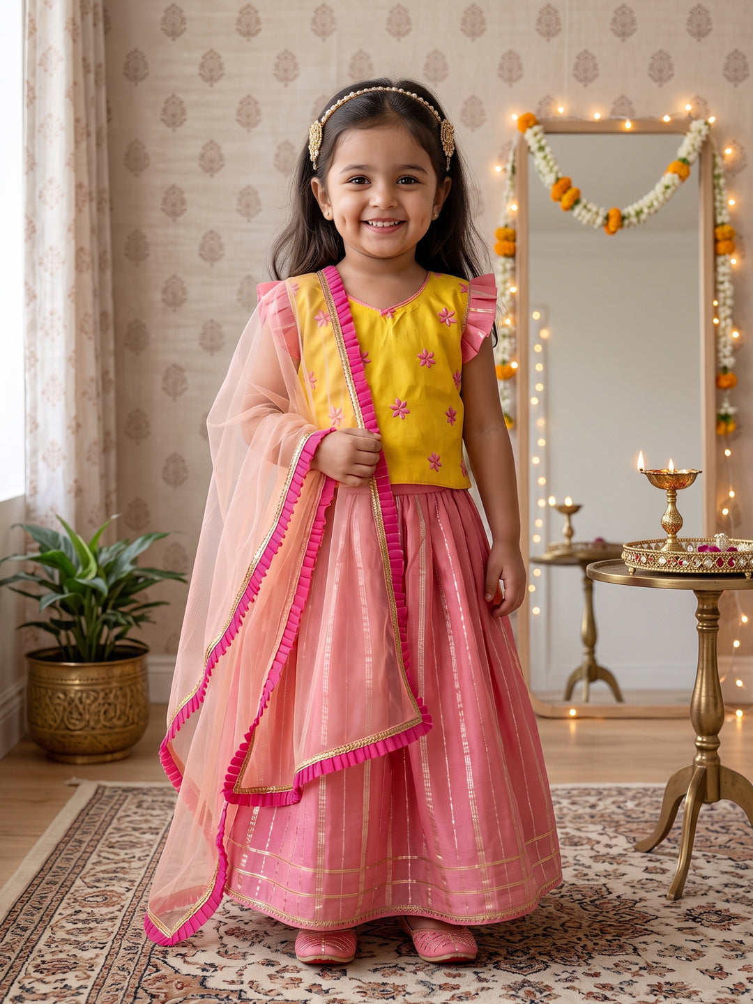 Kinder Kids Pink Lehenga with Yellow Embroidered Top and Dupatta
