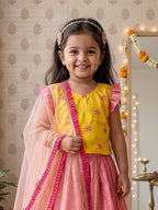 Kinder Kids Pink Lehenga with Yellow Embroidered Top and Dupatta