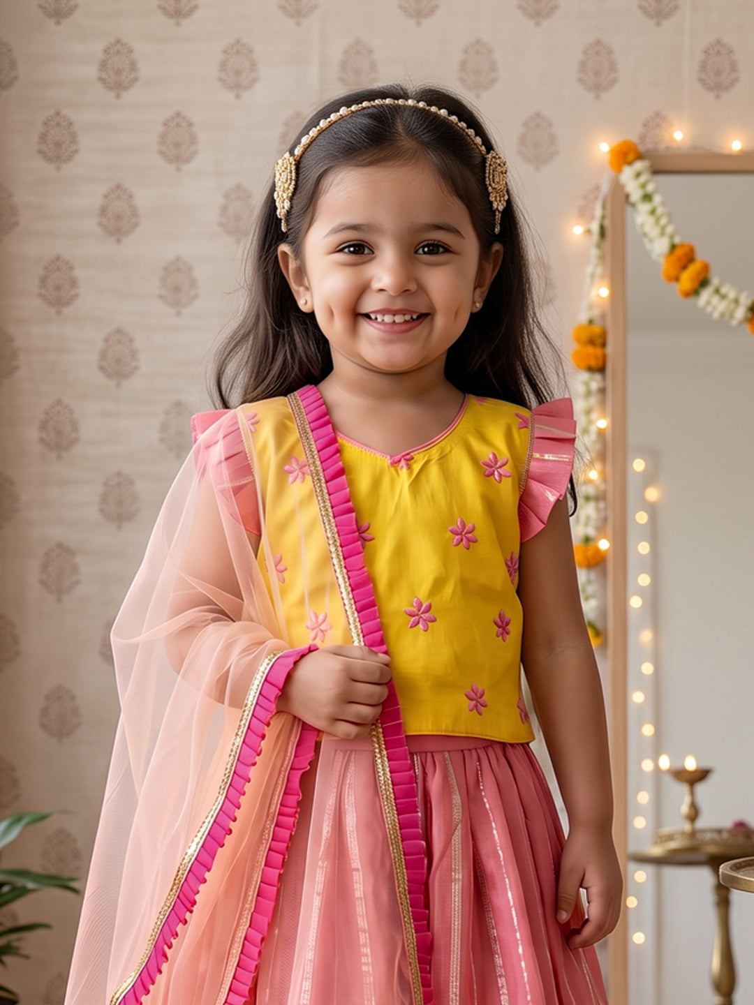 Kinder Kids Pink Lehenga with Yellow Embroidered Top and Dupatta