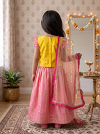 Kinder Kids Pink Lehenga with Yellow Embroidered Top and Dupatta