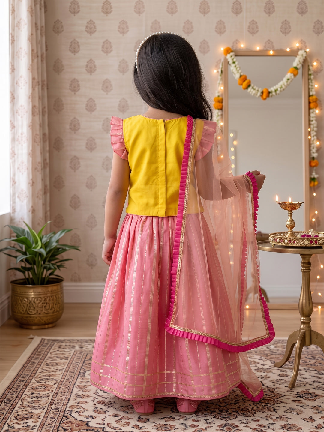 Kinder Kids Pink Lehenga with Yellow Embroidered Top and Dupatta