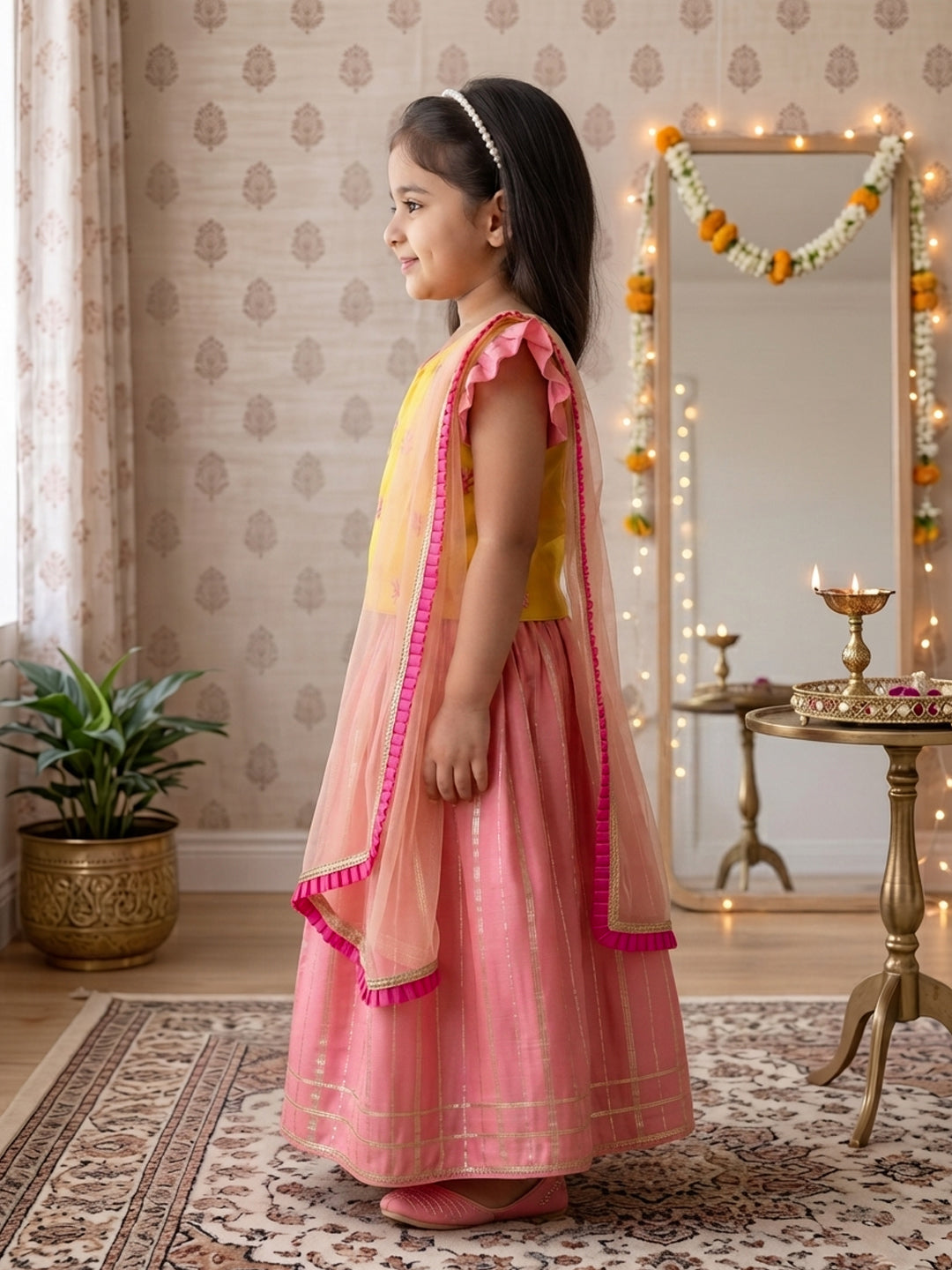 Kinder Kids Pink Lehenga with Yellow Embroidered Top and Dupatta