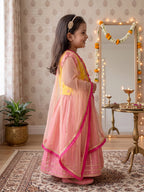 Kinder Kids Pink Lehenga with Yellow Embroidered Top and Dupatta