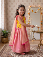 Kinder Kids Pink Lehenga with Yellow Embroidered Top and Dupatta