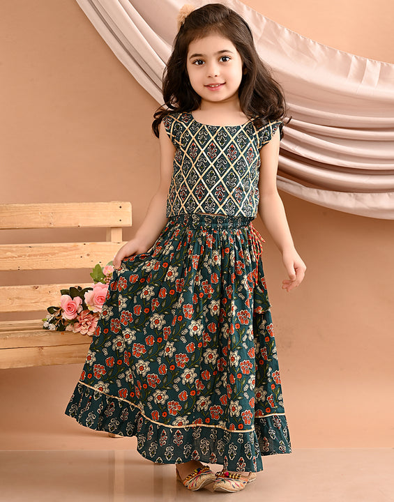 Blue floral printed Lehenga with lace worked top