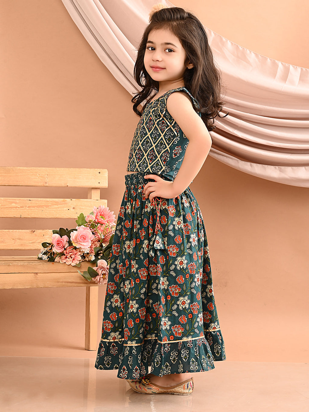 Blue floral printed Lehenga with lace worked top