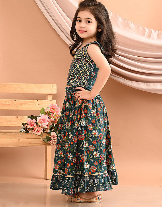 Blue floral printed Lehenga with lace worked top