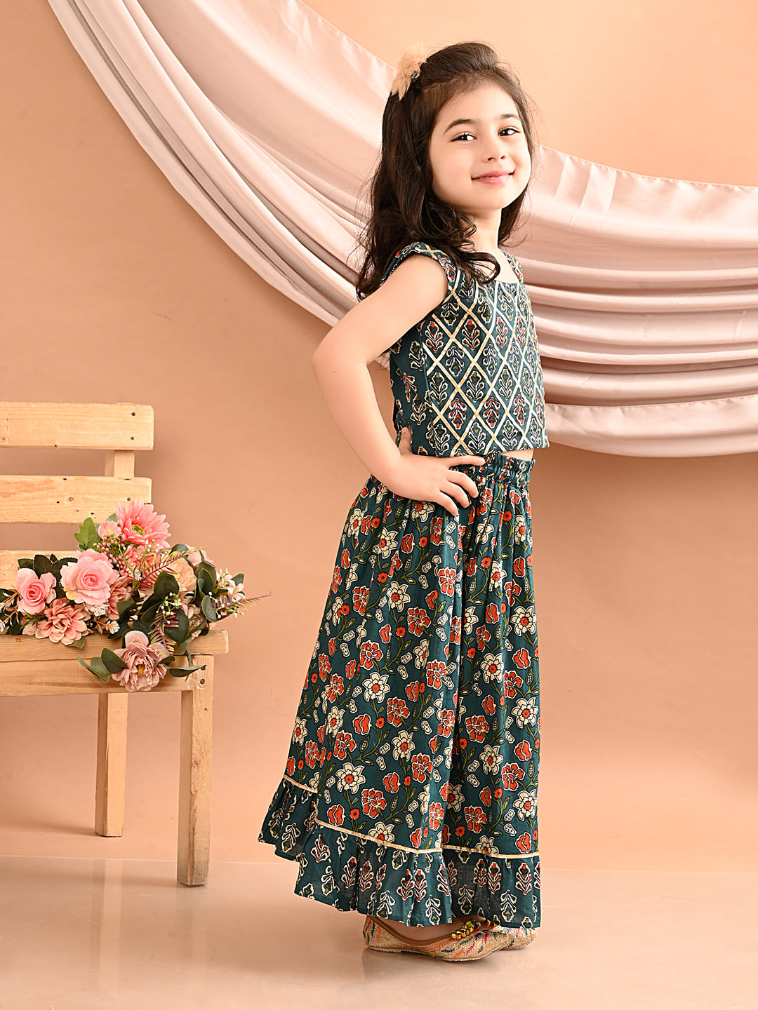 Blue floral printed Lehenga with lace worked top