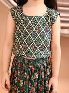 Blue floral printed Lehenga with lace worked top