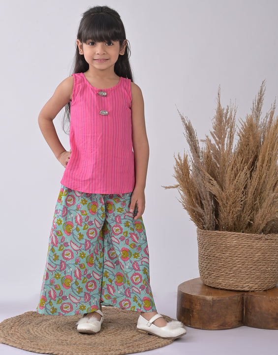 Pink Kurti with blue printed plazo