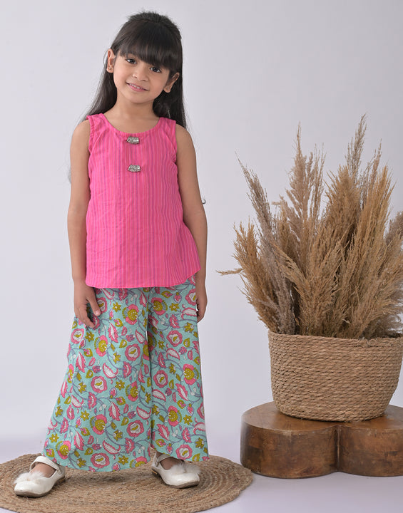Pink Kurti with blue printed plazo