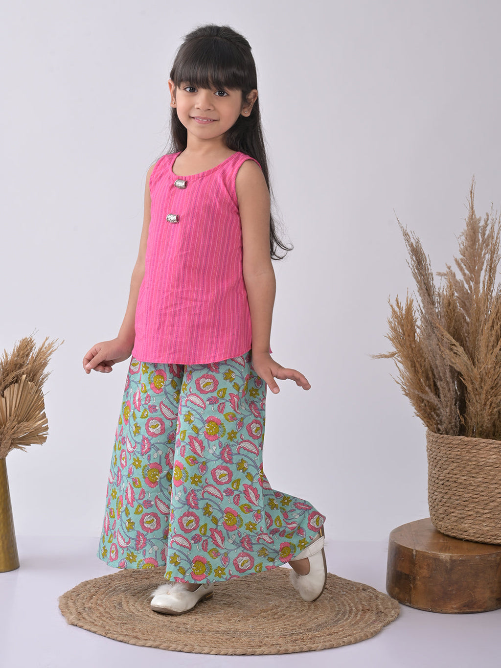 Pink Kurti with blue printed plazo