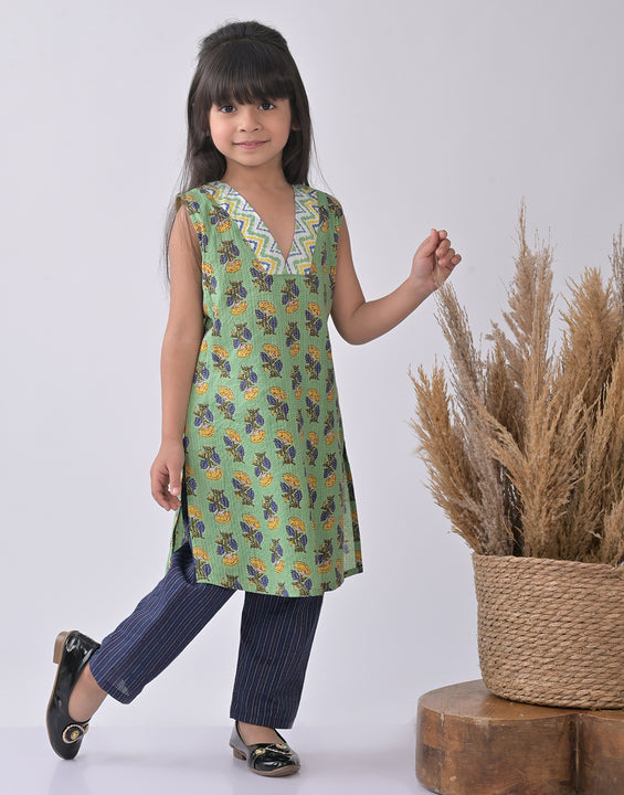 Green & Blue Cotton Kurti Set