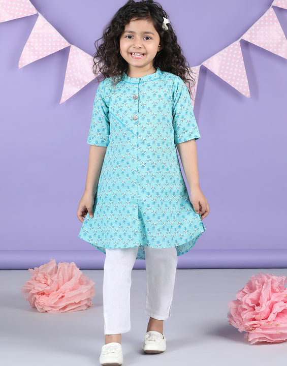 Light Blue Floral Kurti and white pant