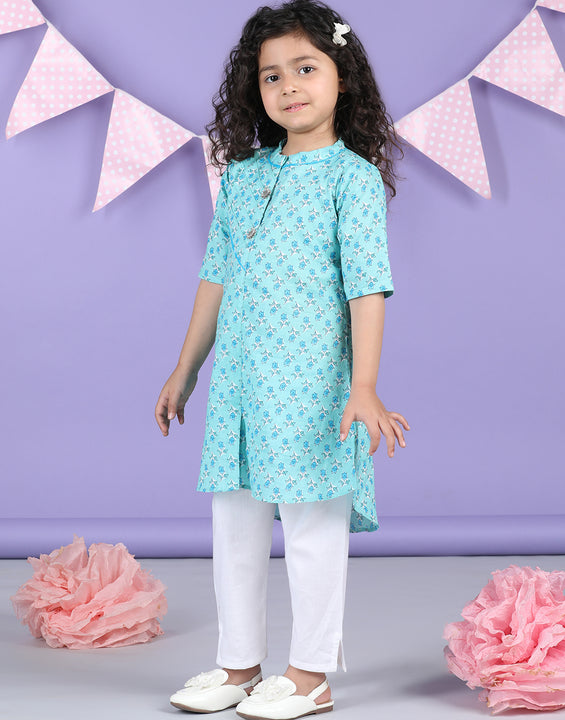 Light Blue Floral Kurti and white pant