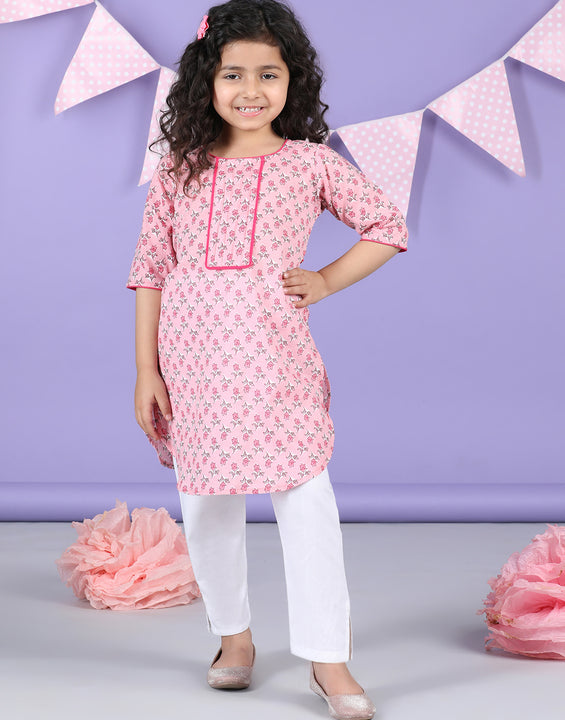 Pink Floral Kurti and white pant