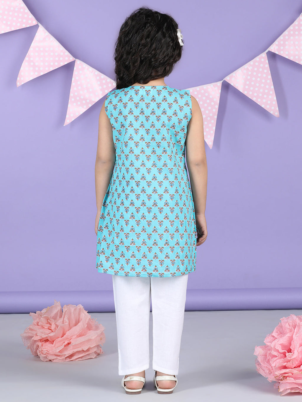 Blue Floral collar style Kurti with white pant