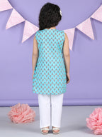 Blue Floral collar style Kurti with white pant