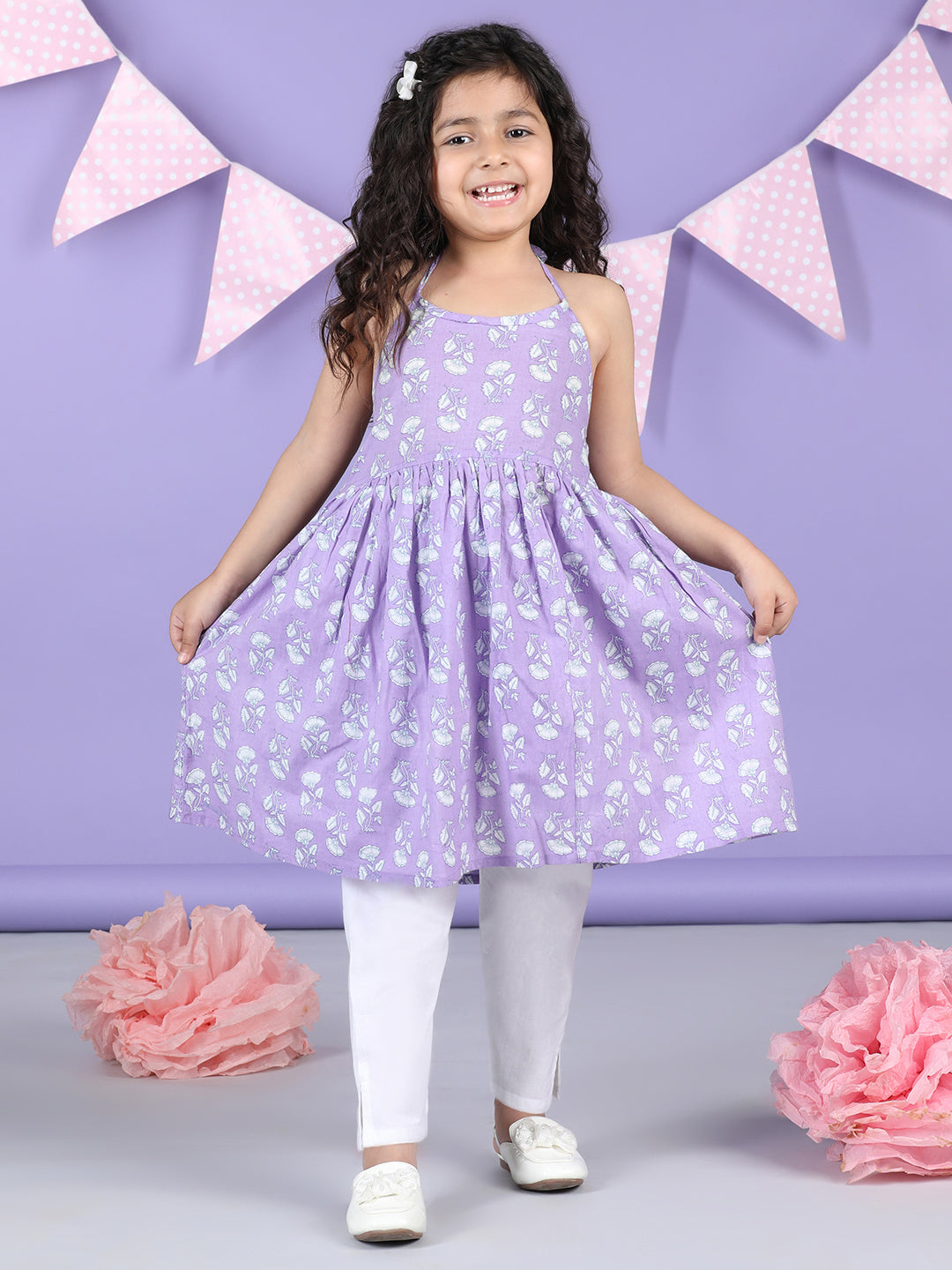 Purple Floral halter style Kurti with white pant