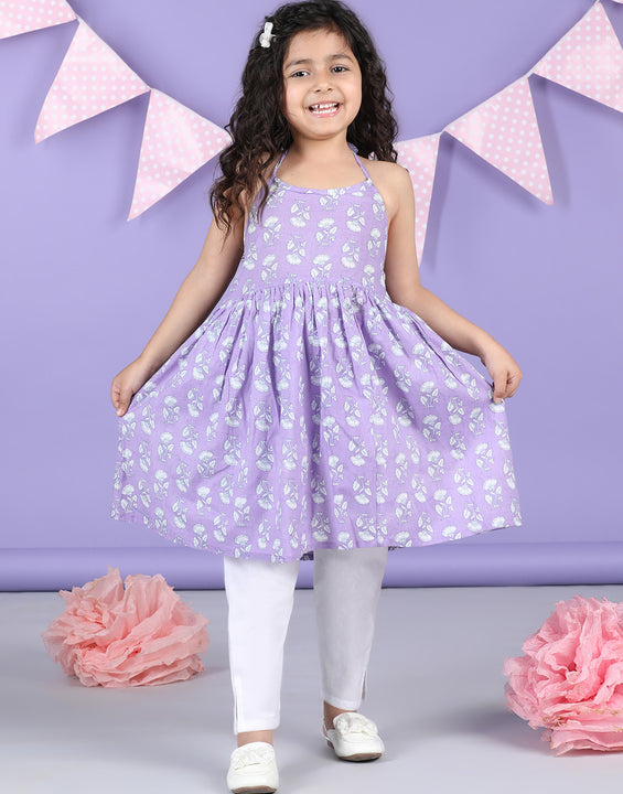 Purple Floral halter style Kurti with white pant