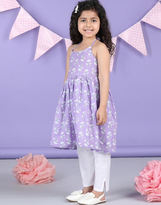Purple Floral halter style Kurti with white pant