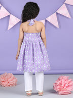 Purple Floral halter style Kurti with white pant