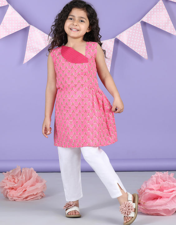 Pink Floral collar style Kurti with white plazo