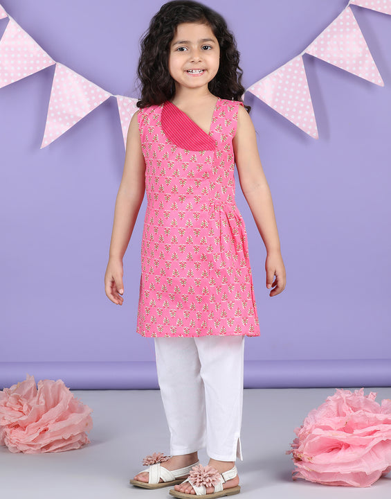 Pink Floral collar style Kurti with white plazo