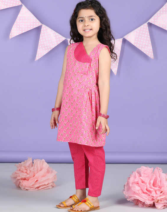 Pink Floral collar style Kurti with Pink plazo