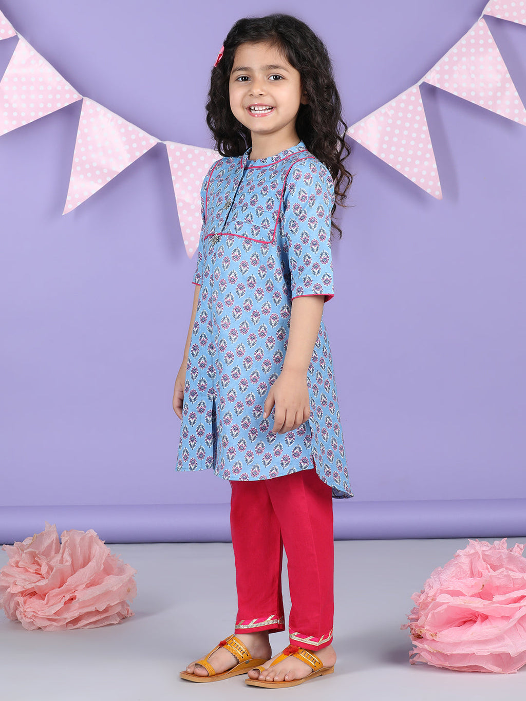 Blue Floral Printed Kurti with pink plazo