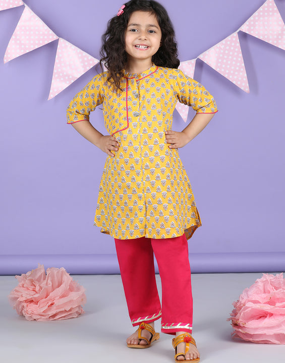 Yellow Floral Printed Kurti with pink plazo