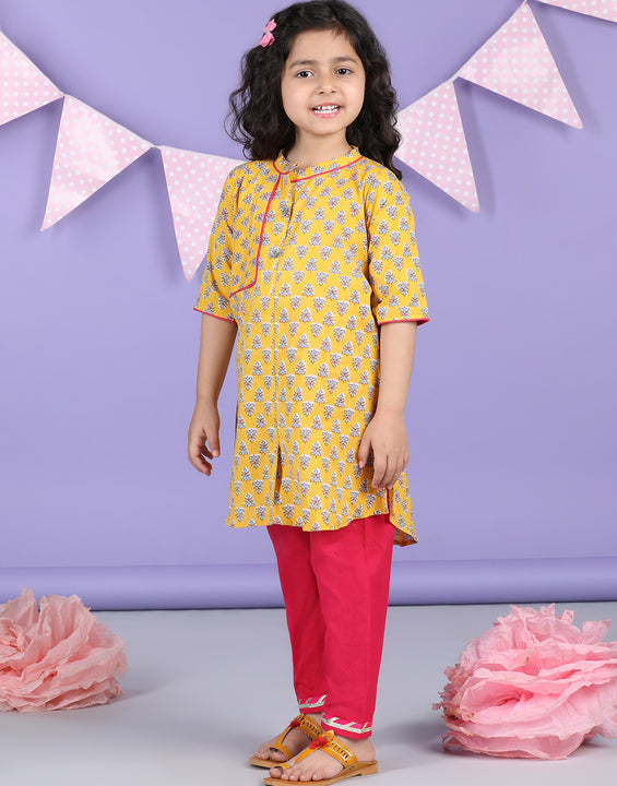 Yellow Floral Printed Kurti with pink plazo