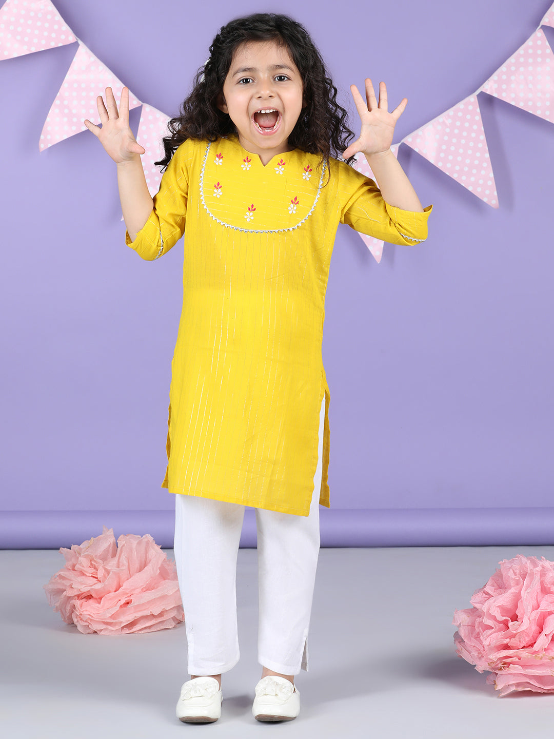Yellow Lurex Embroidered Kurti  with white plazo