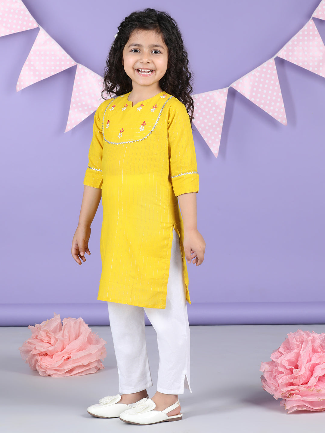 Yellow Lurex Embroidered Kurti  with white plazo