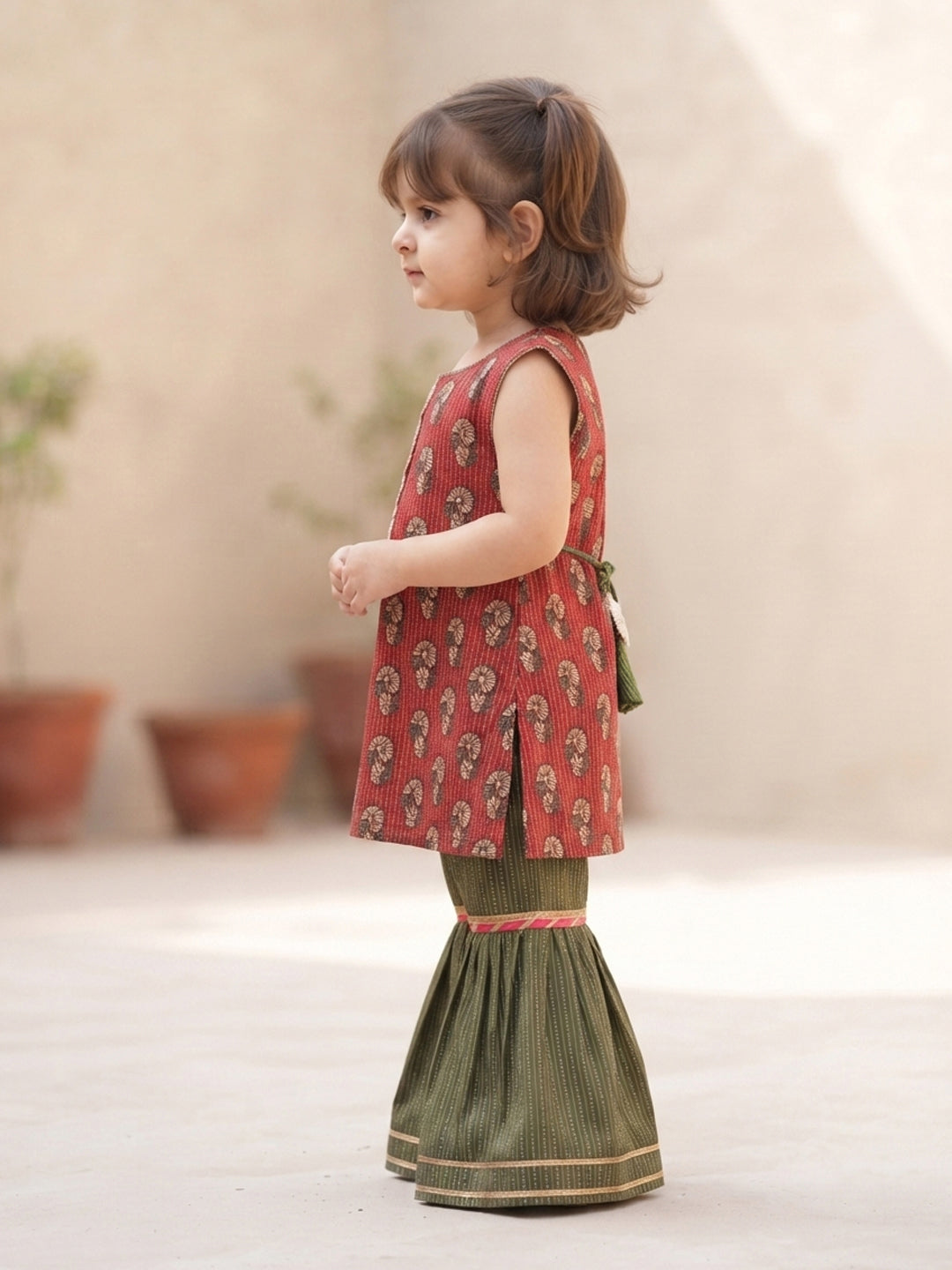 Kinder Kids Green Katha Sharara With Red Floral Katha Printed Kurta