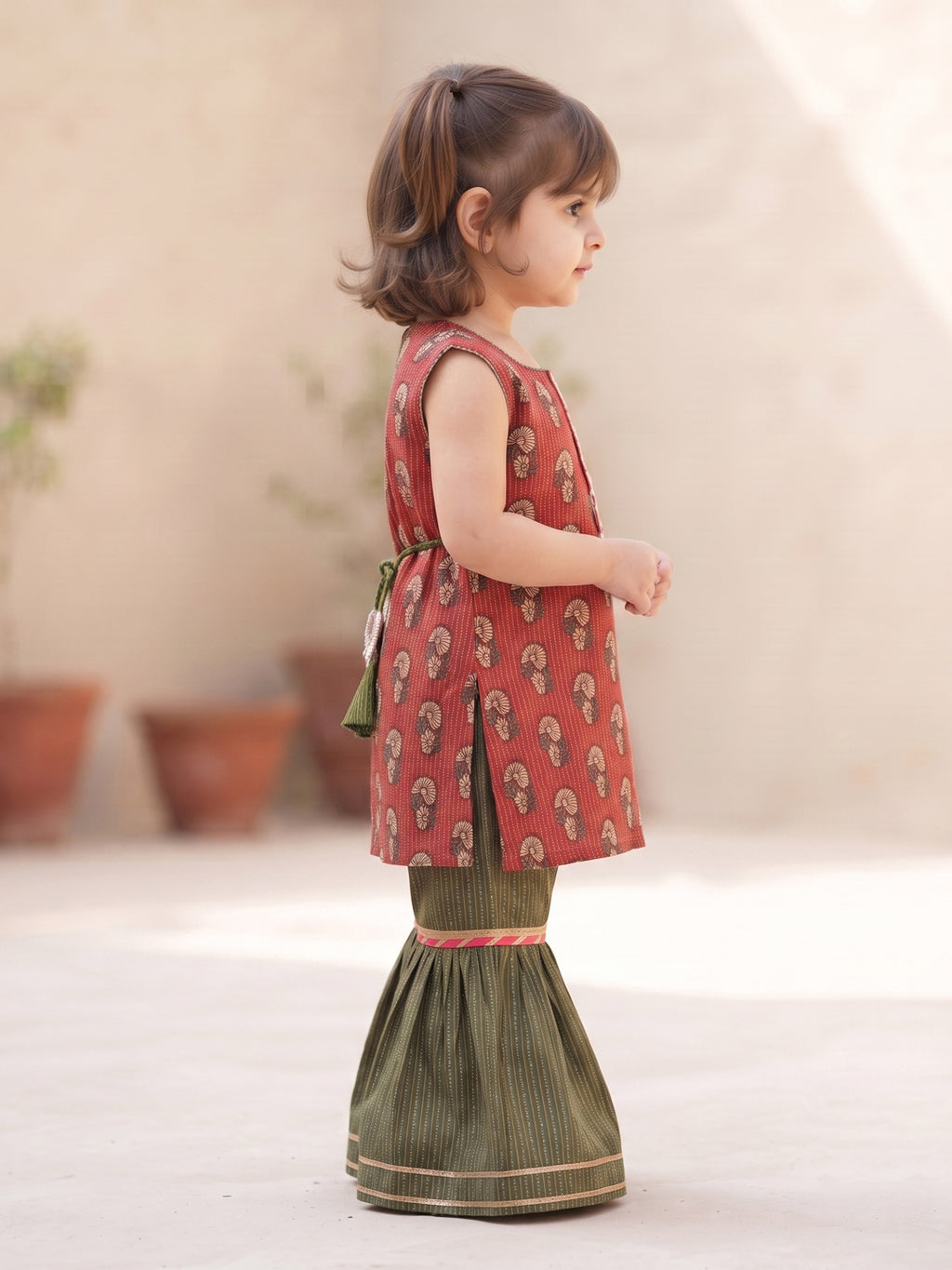 Kinder Kids Green Katha Sharara With Red Floral Katha Printed Kurta