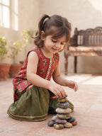 Kinder Kids Green Katha Sharara With Red Floral Katha Printed Kurta