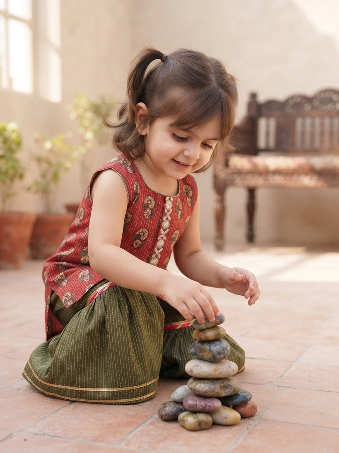 Kinder Kids Green Katha Sharara With Red Floral Katha Printed Kurta