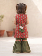 Kinder Kids Green Katha Sharara With Red Floral Katha Printed Kurta