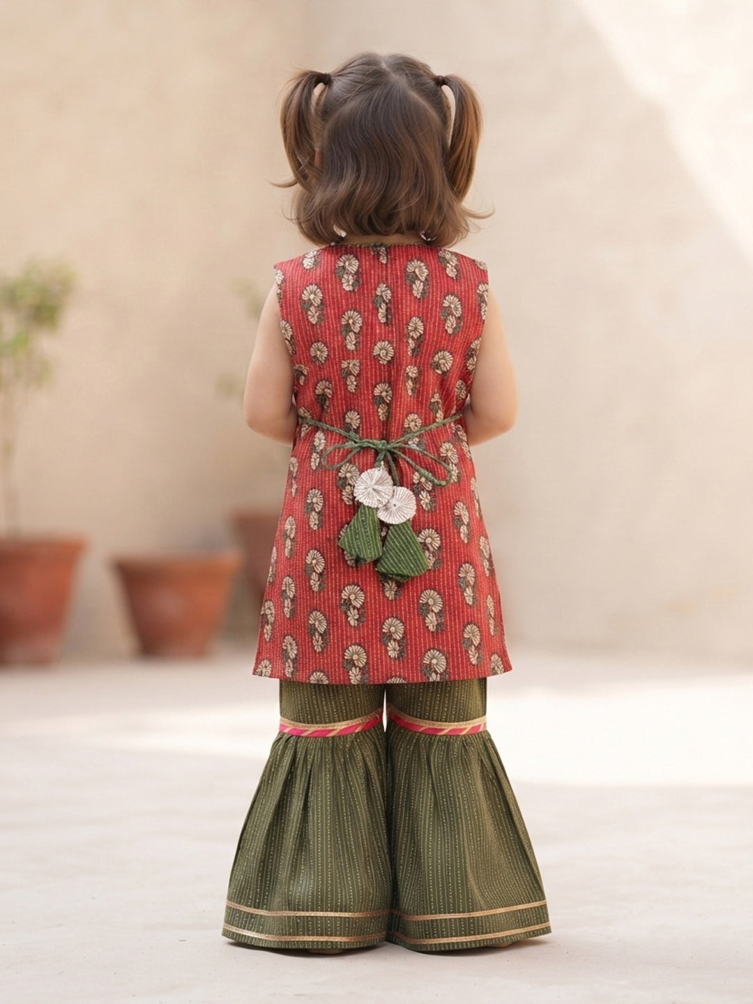 Kinder Kids Green Katha Sharara With Red Floral Katha Printed Kurta