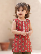 Kinder Kids Green Katha Sharara With Red Floral Katha Printed Kurta