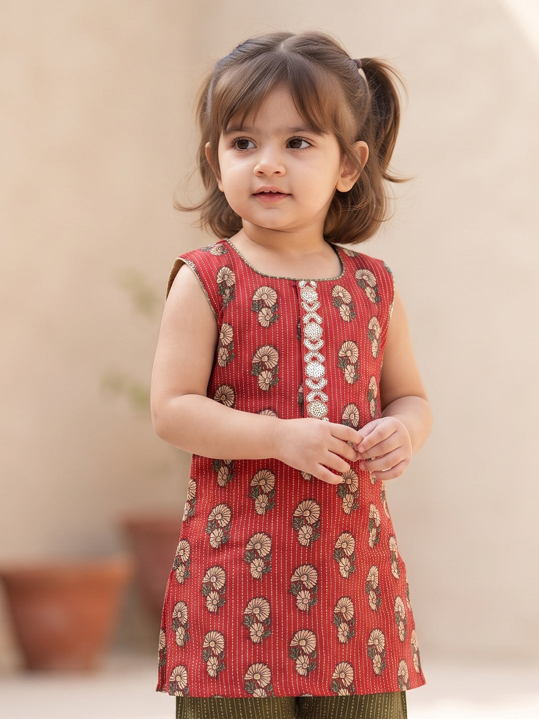 Kinder Kids Green Katha Sharara With Red Floral Katha Printed Kurta