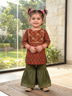 Brown three-quarter sleeves Kurti  With Green Sharara