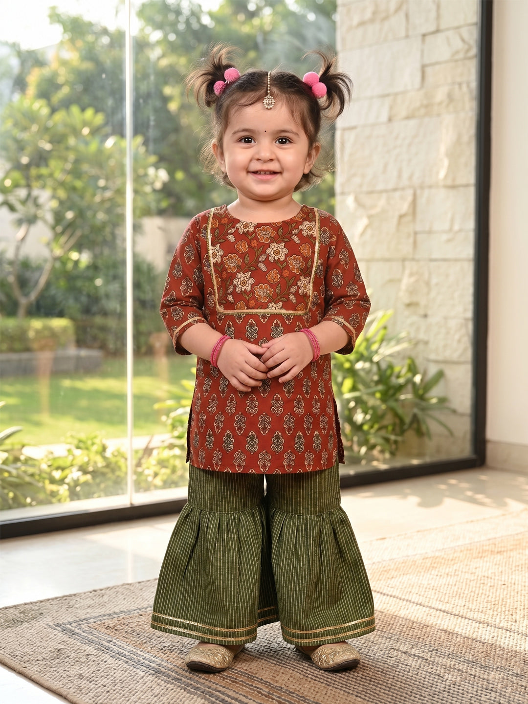 Brown three-quarter sleeves Kurti  With Green Sharara